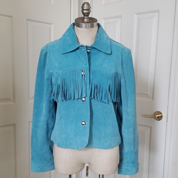 Vintage Jackets & Blazers - Vintage MARGARET GODFREY Turquoise Suede Western Jacket Cowgirl Fringe Rodeo